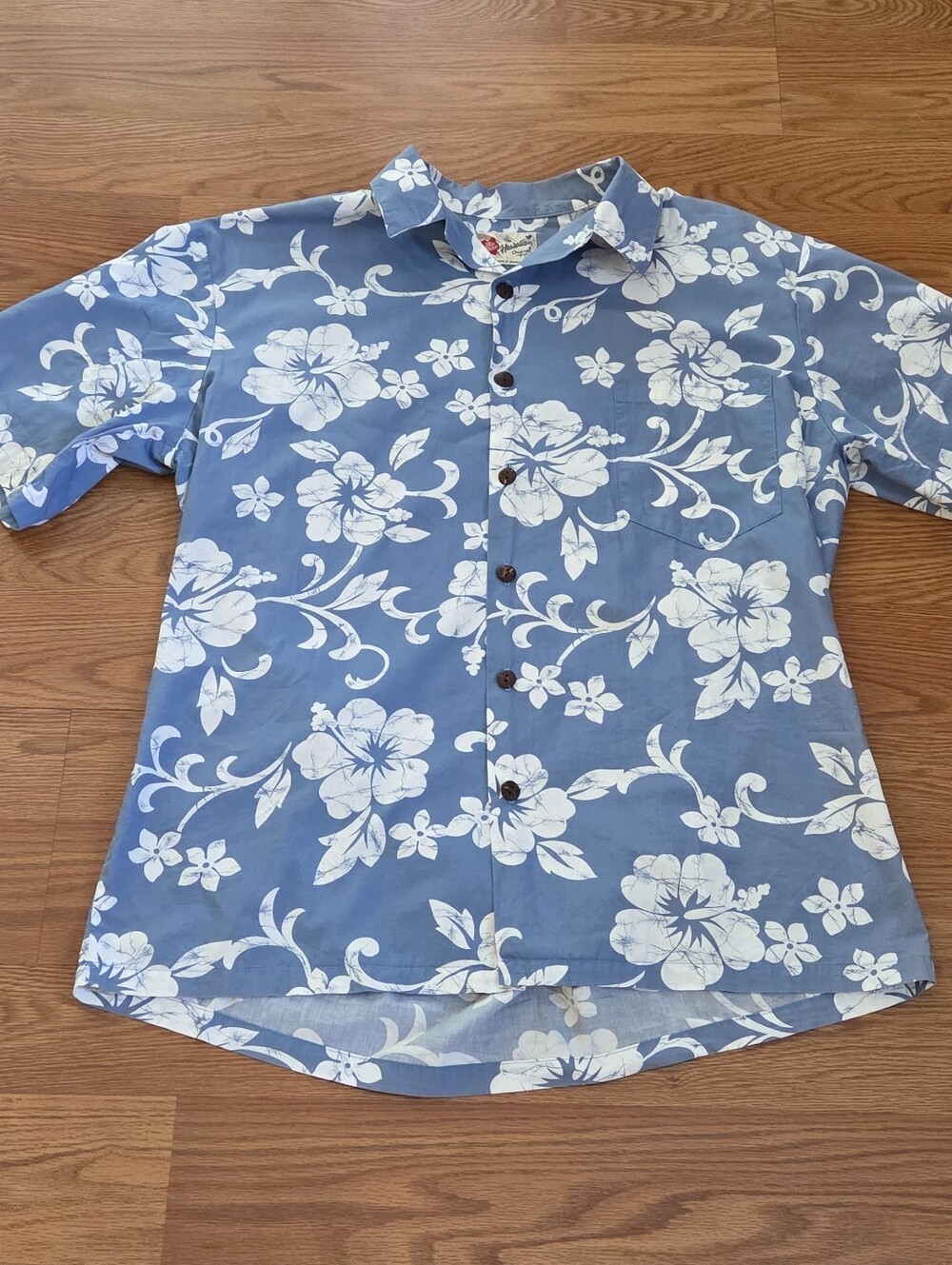 Hilo Hattie Blue & White Floral Hawaiian Shirt Tropical Men's Large 100% Cotton